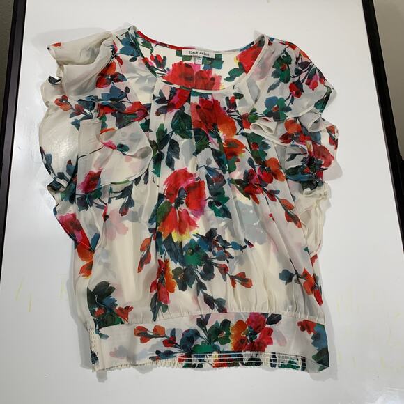 Black Rainn Tops Blouse White Floral Chiffon Ruffles Women Small - Picture 1 of 10